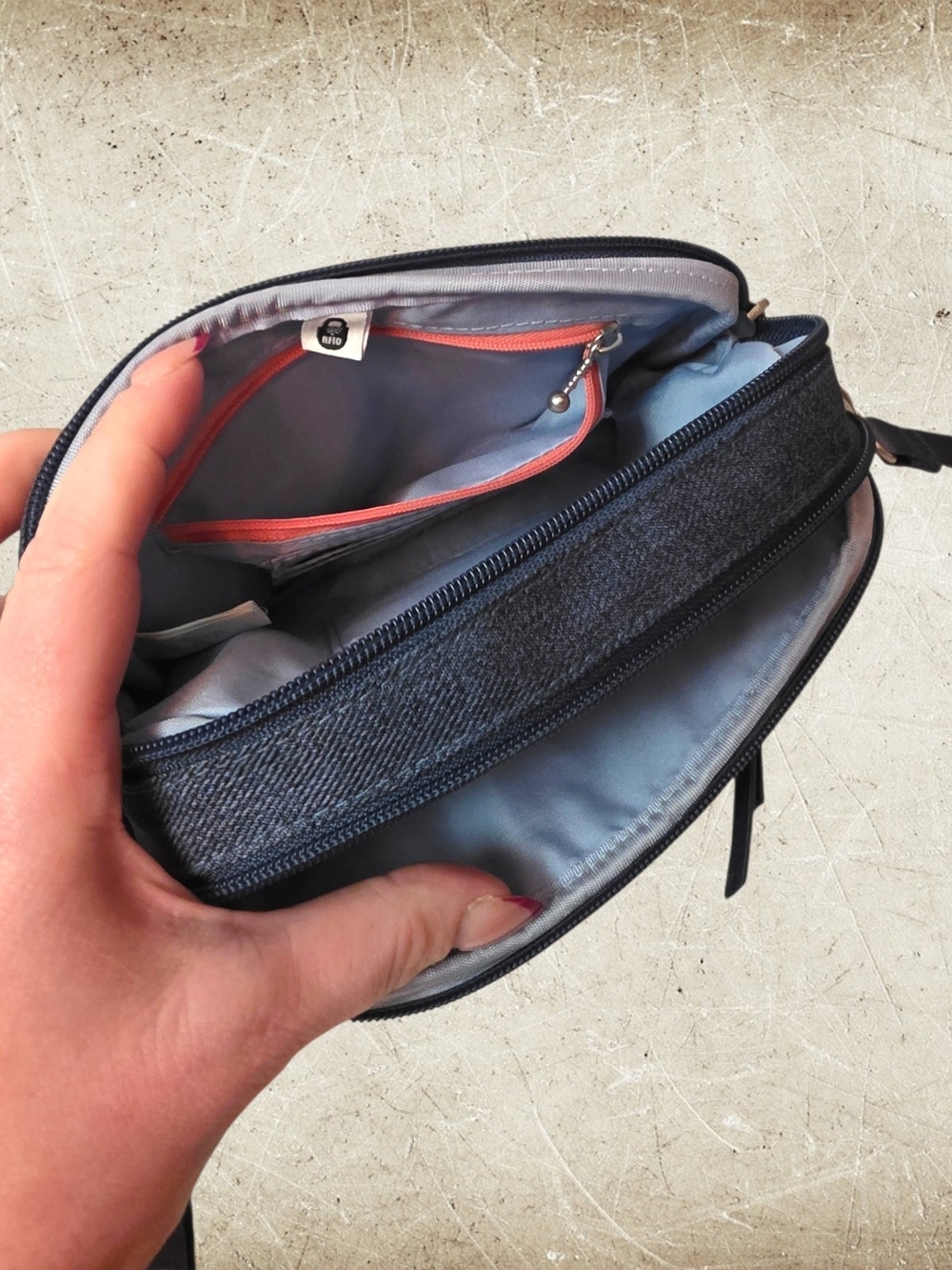 Baggallini Navy Blue Denim Crossbody Bag - Compact Everyday Carry - Picture 10 of 15